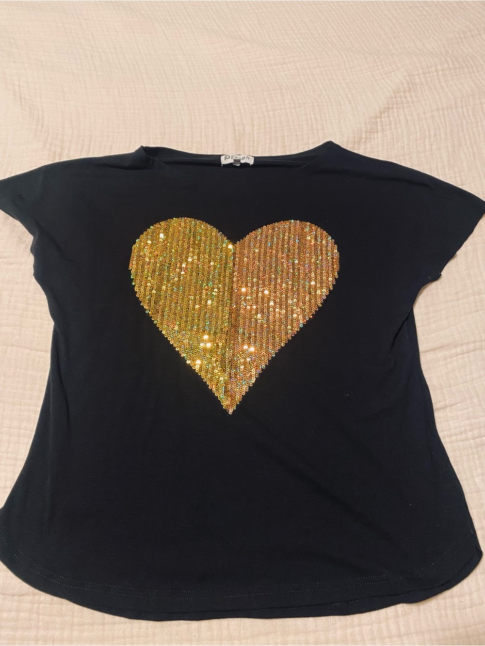 Women’s Black Short Sleeve Tee with Gold Sequin Heart